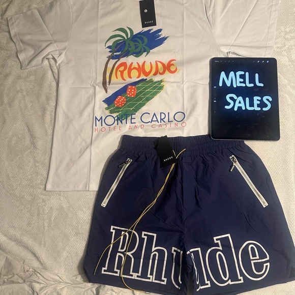 Rhude Whits Shirt and Blue Athletic Shorts with Bold Branding - Picture 2 of 6